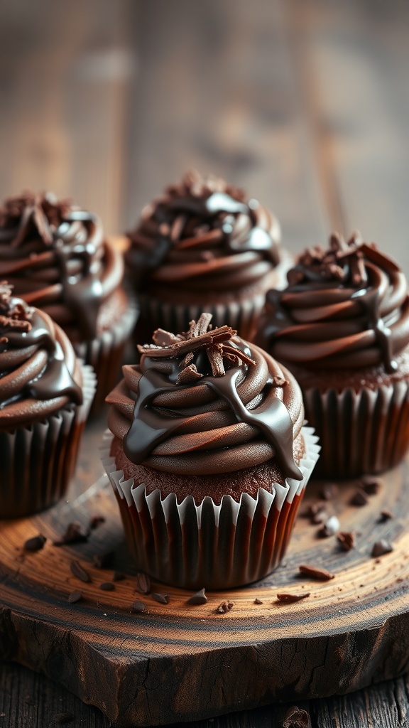 Delicious chocolate ganache cupcakes with a glossy finish.