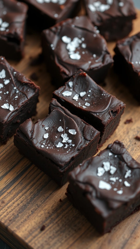 Delicious dark chocolate brownies with a sprinkle of sea salt on top.