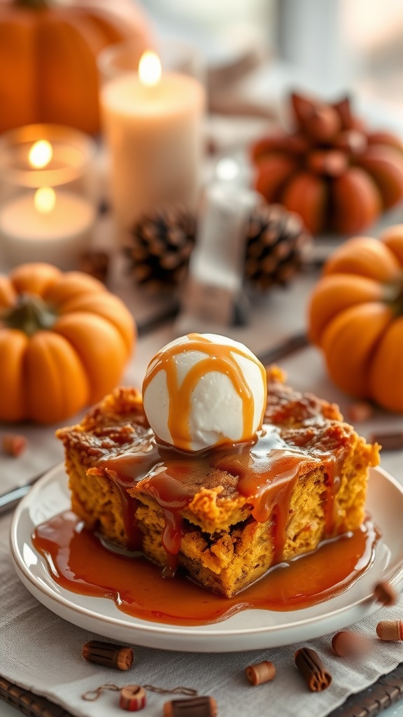 A delicious slice of pumpkin bread pudding topped with vanilla ice cream and caramel sauce.
