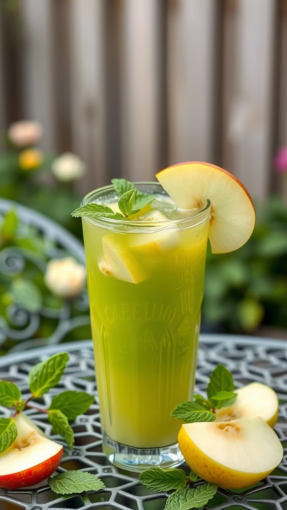 A refreshing glass of Detox Green Apple Lemonade garnished with mint leaves, surrounded by apple slices.
