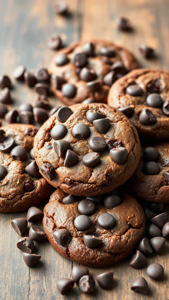 Delicious double chocolate chip cookies stacked with chocolate chips scattered around.