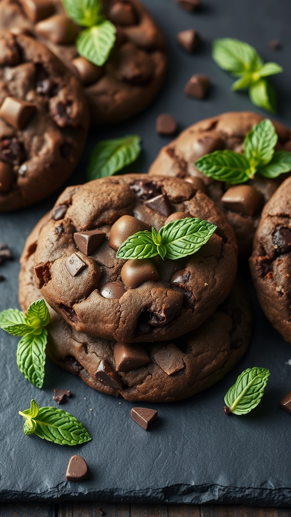 Double chocolate mint cookies with chocolate chips and mint leaves