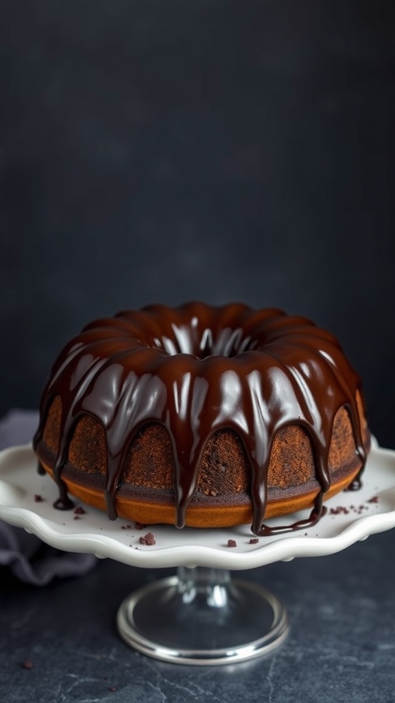 Delicious espresso chocolate bundt cake with chocolate drizzle