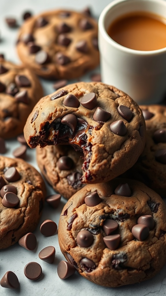 Homemade espresso chocolate chip cookies with a gooey center