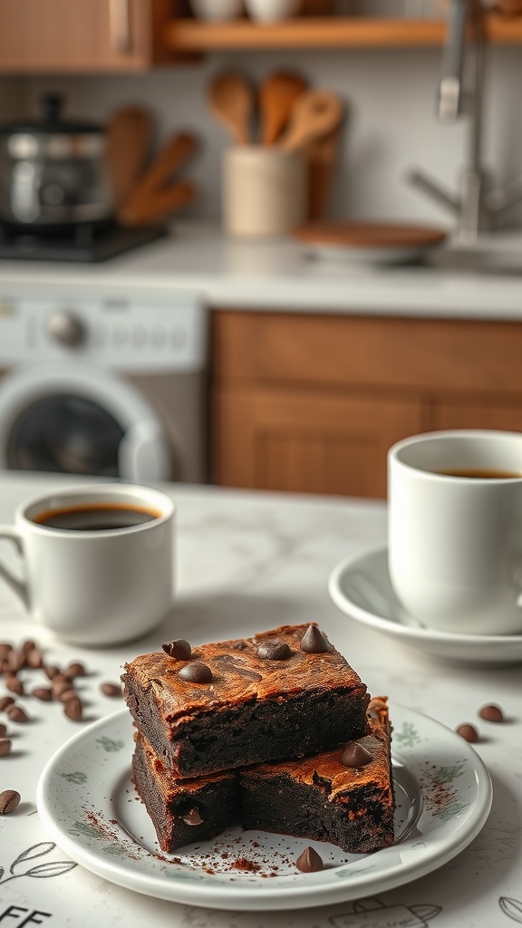 Delicious espresso infused brownies stacked on a plate with coffee cups in the background.