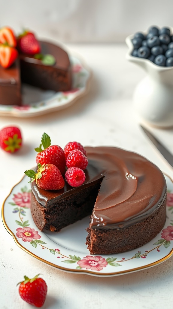 A slice of flourless chocolate cake topped with fresh strawberries and raspberries.