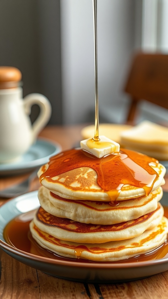 Fluffy buttermilk pancakes stacked high with syrup and butter