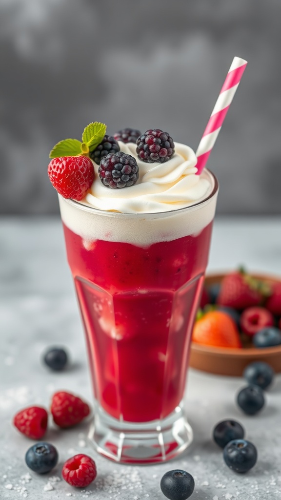 A refreshing frozen berry punch slush in a glass with whipped cream and fresh berries on top.