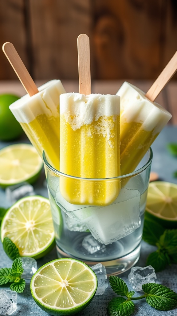 Frozen key lime pie popsicles served in a glass with lime slices and mint leaves.