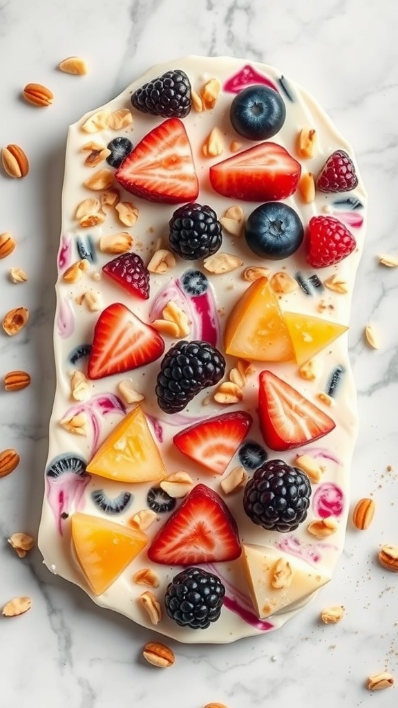 Frozen yogurt bark topped with fresh fruits and nuts