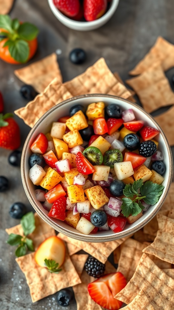A bowl of colorful fruit salsa made with strawberries, blueberries, kiwi, and mango, served with crispy cinnamon chips on the side.