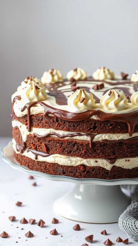 Fudge Ripple Ice Cream Cake with chocolate cake layers and vanilla ice cream drizzled with fudge sauce.