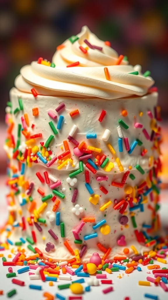 A colorful funfetti cake with buttercream frosting and sprinkles