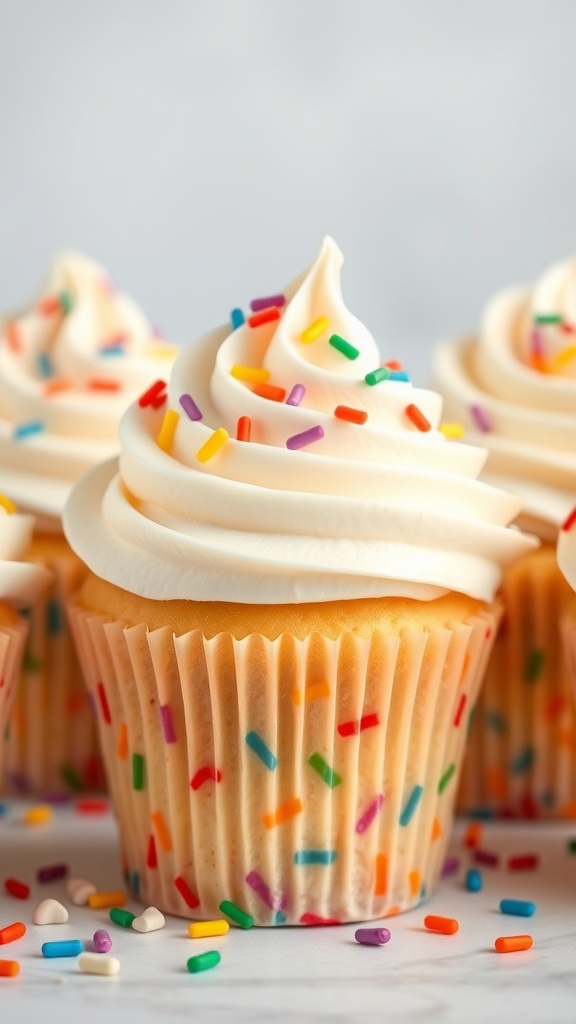 Colorful funfetti vanilla cupcakes with sprinkles and creamy frosting