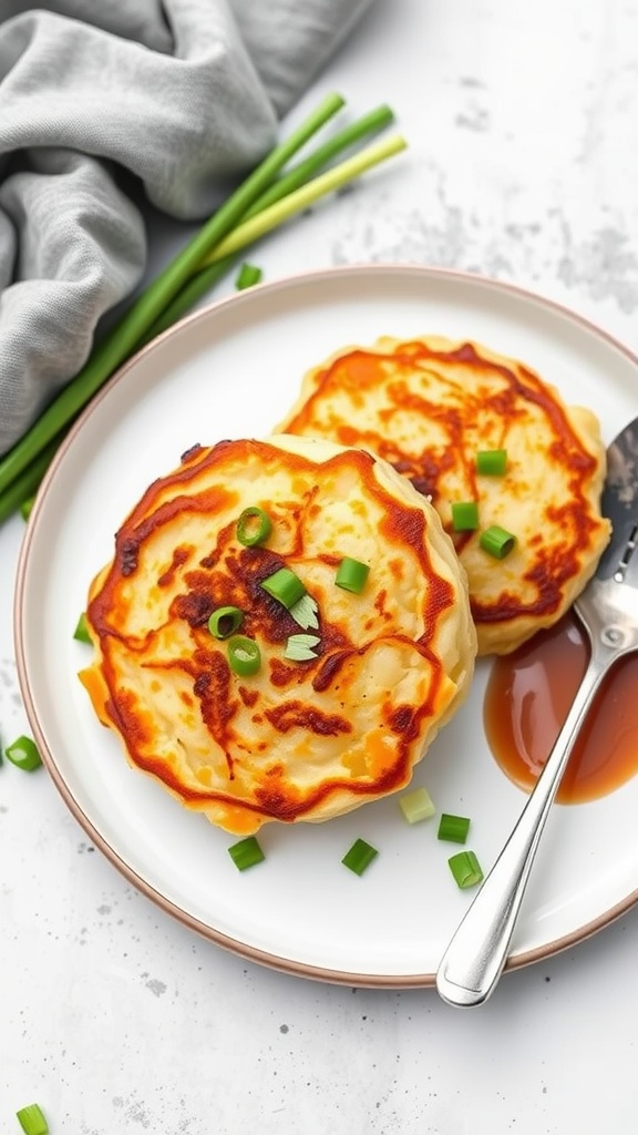 Garlic mashed potato pancakes served on a plate with green onions