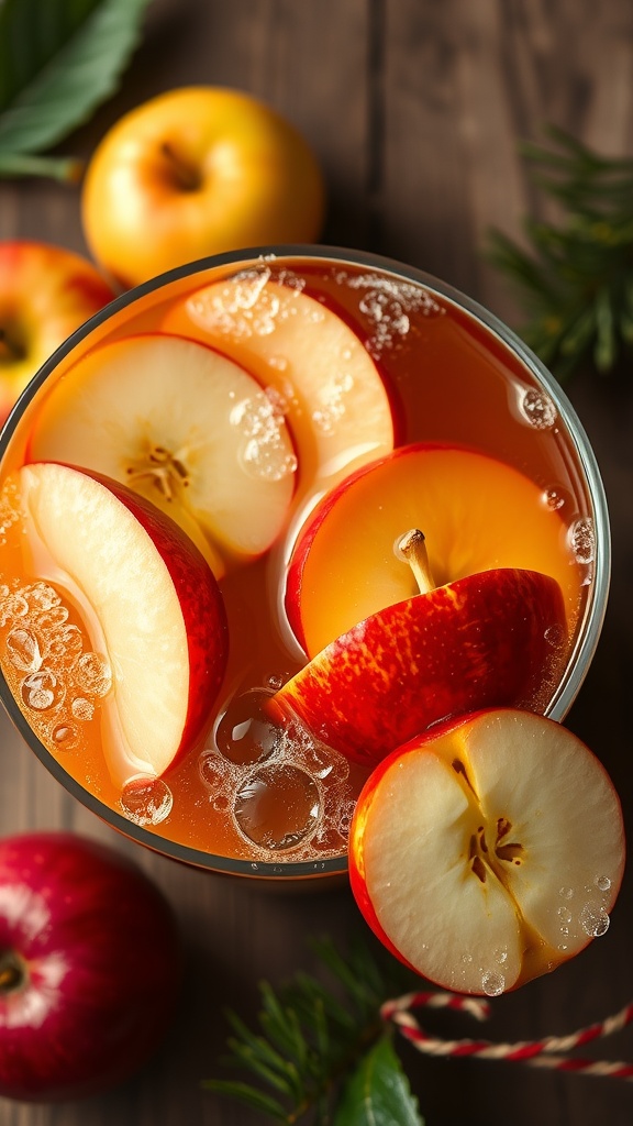 A refreshing drink made with apple juice and ginger, garnished with apple slices.