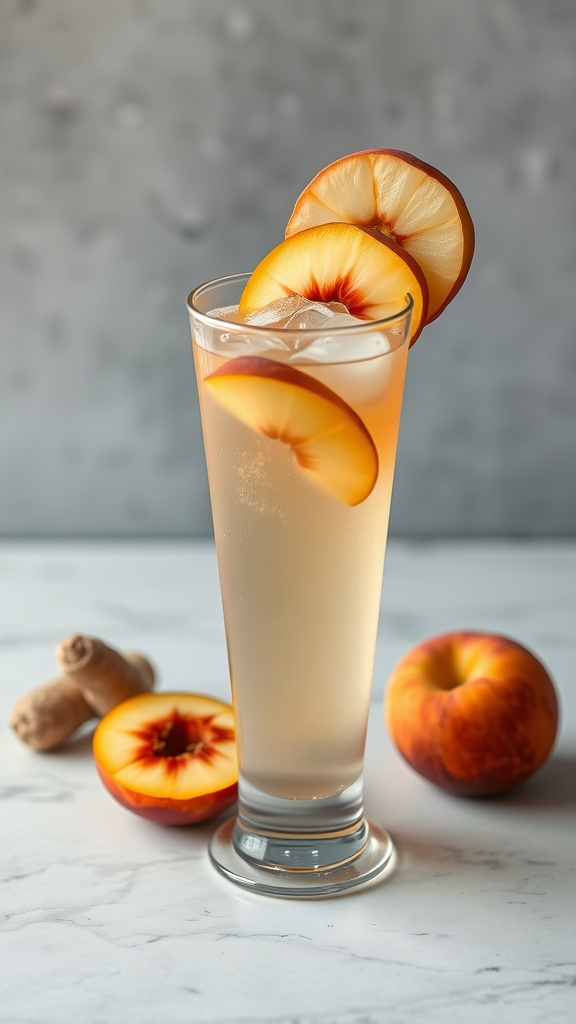 A refreshing glass of ginger peach soda garnished with peach slices.