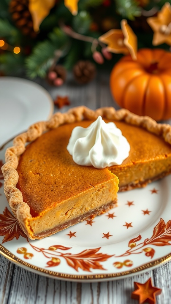 A slice of pumpkin pie with a ginger snap crust topped with whipped cream.