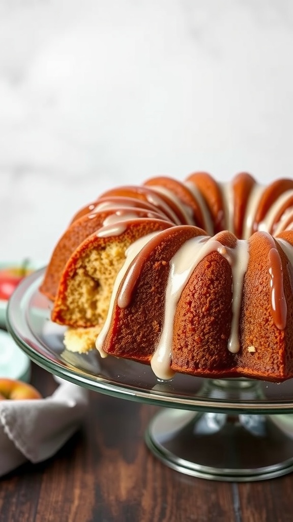 A beautiful glazed apple bundt cake on a glass cake stand.