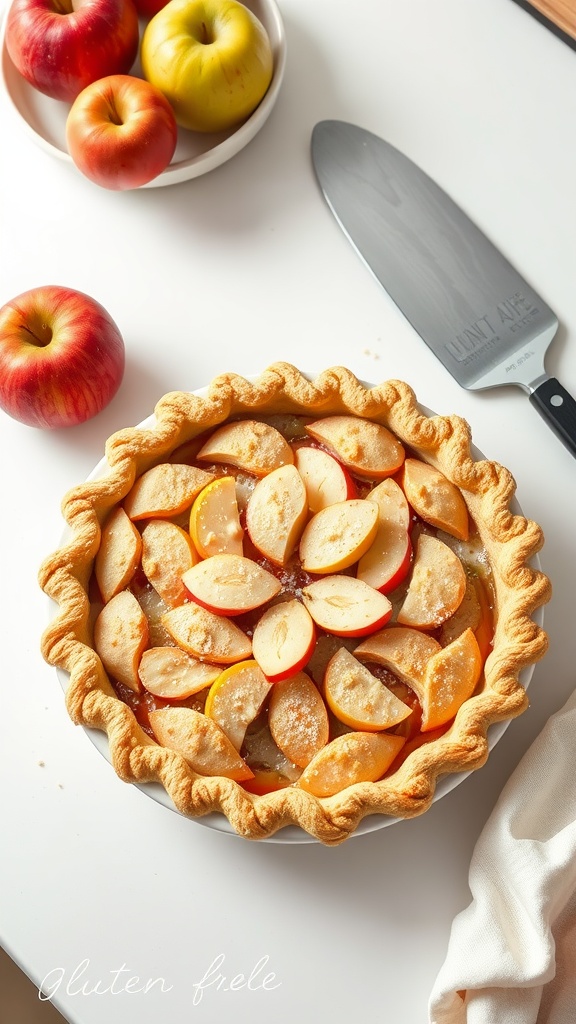 A homemade gluten-free apple pie with an almond flour crust, garnished with fresh apples.