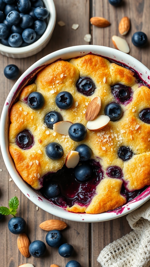 A gluten-free blueberry cobbler topped with almond slices and fresh blueberries.