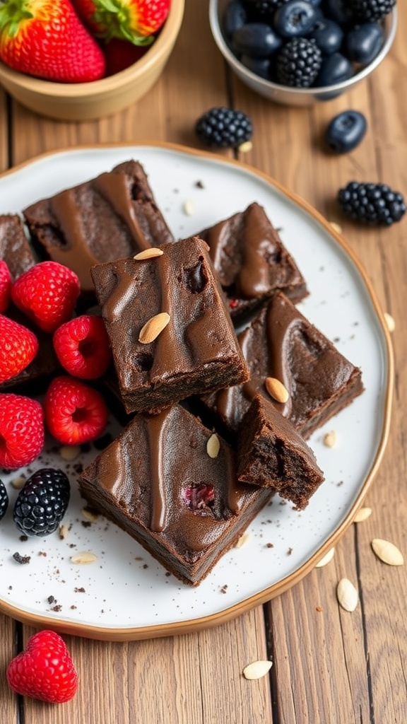 A plate of gluten-free brownies garnished with fresh berries and mint leaves.