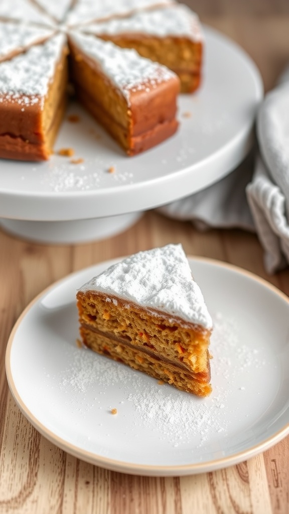 A slice of gluten-free carrot cake dusted with powdered sugar.