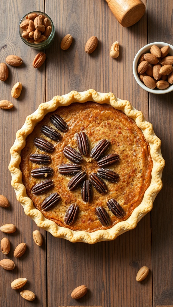 A gluten-free pecan pie with a buttery crust and pecan topping.
