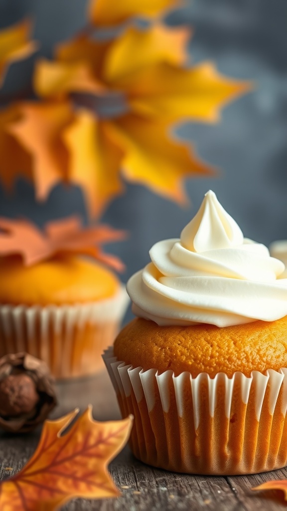 Delicious gluten-free pumpkin cupcakes topped with cream cheese frosting.