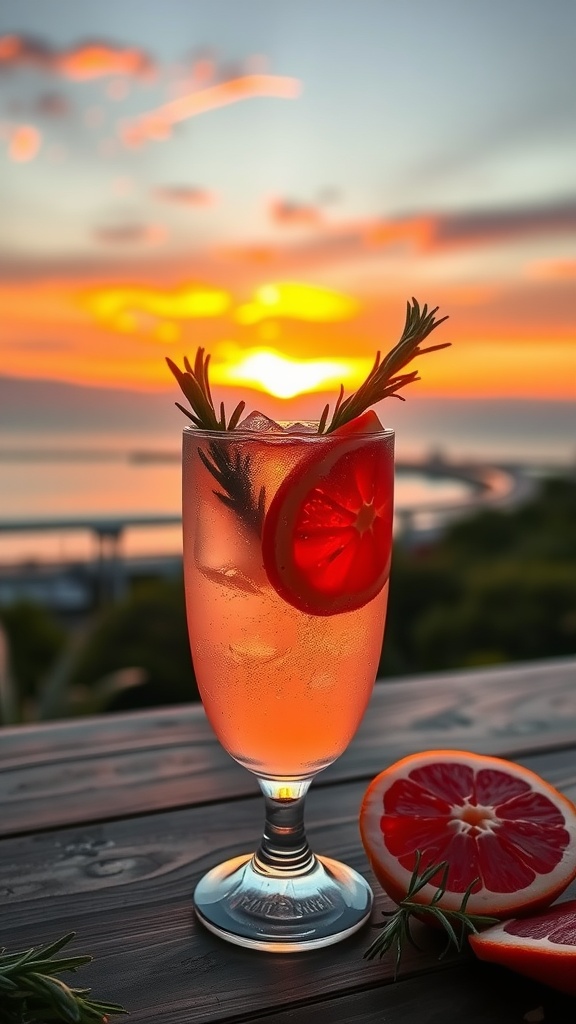 A refreshing grapefruit rosemary spritz cocktail garnished with rosemary and grapefruit slices.