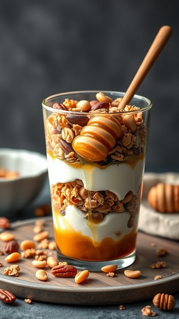 A delicious Greek yogurt parfait with layers of yogurt, granola, nuts, and honey.