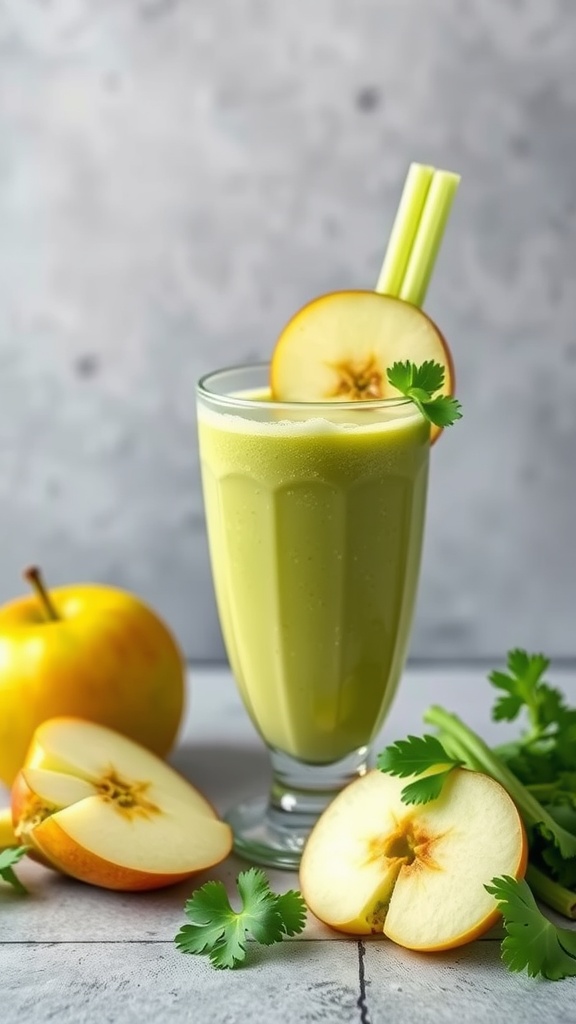 A refreshing green apple and celery smoothie in a glass, with slices of apple and celery on the side.