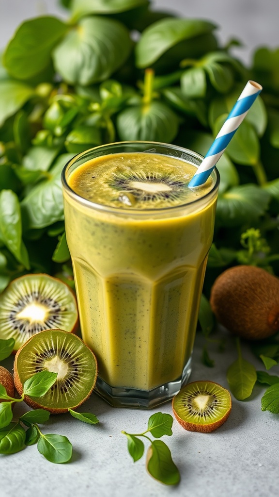 A refreshing green smoothie made with spinach and kiwi.