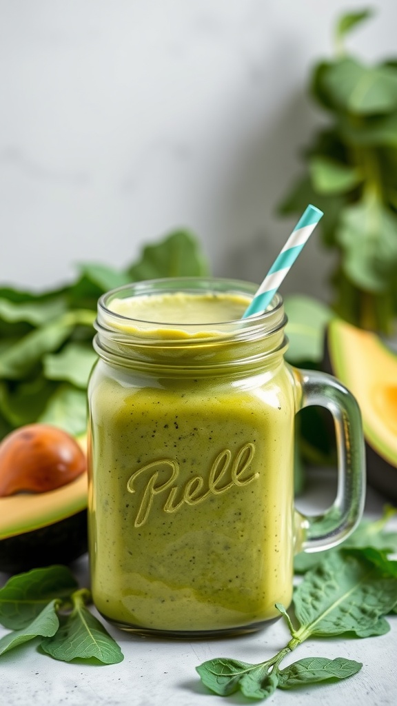 A creamy green smoothie made with spinach and avocado in a glass jar with a straw.