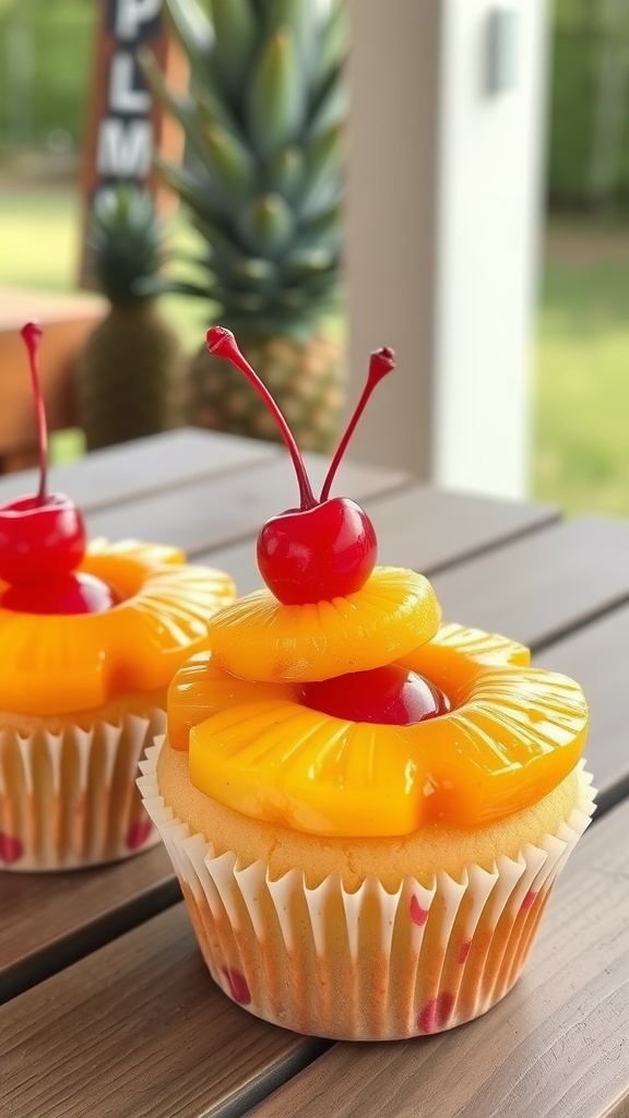 Delicious grilled pineapple upside-down cupcakes topped with maraschino cherries.