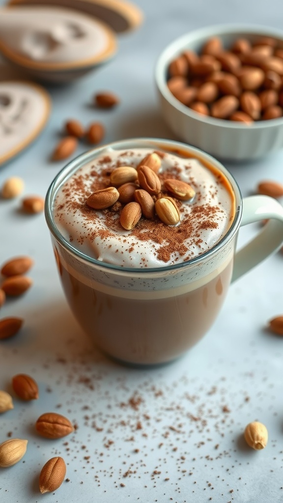 A delicious serving of hazelnut mocha chia pudding topped with crushed hazelnuts and cocoa powder.