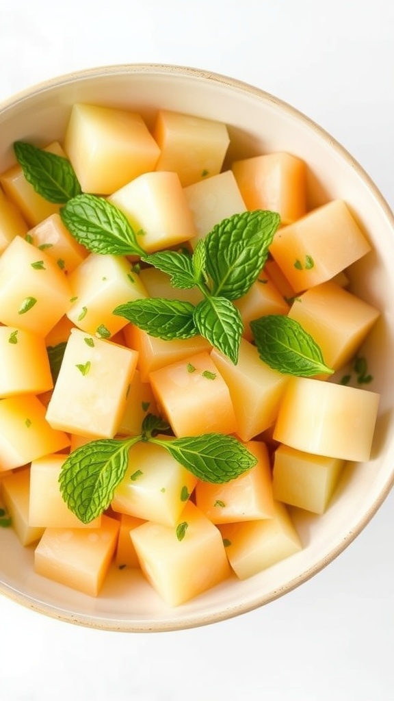 A bowl of honeydew melon cubes garnished with fresh mint leaves