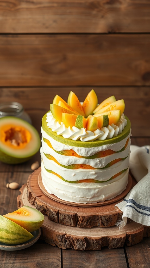 A beautiful honeydew melon cake decorated with slices of honeydew on top.