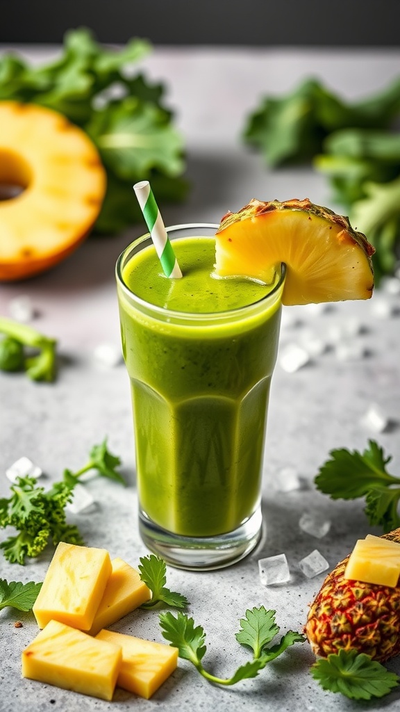 A refreshing green smoothie made with kale and pineapple.