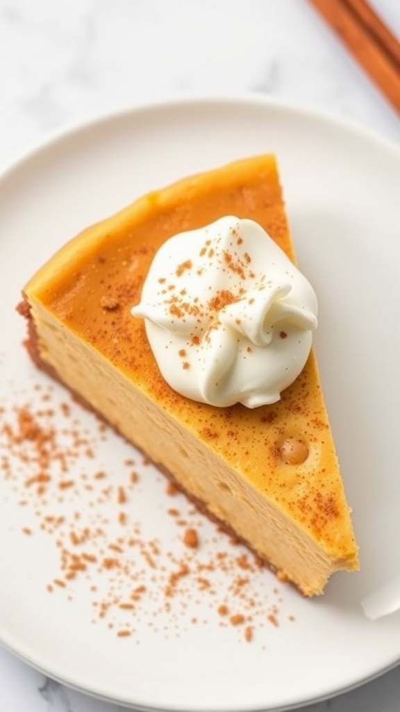 Slice of keto pumpkin cheesecake topped with whipped cream and sprinkled with cinnamon.