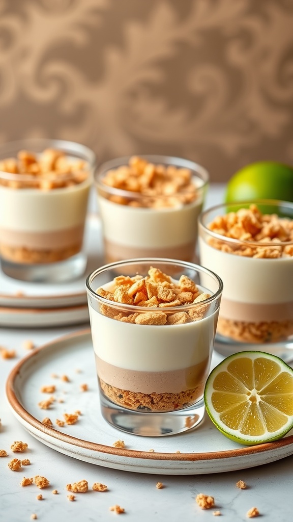 Key lime mousse cups with graham cracker crumble on a plate