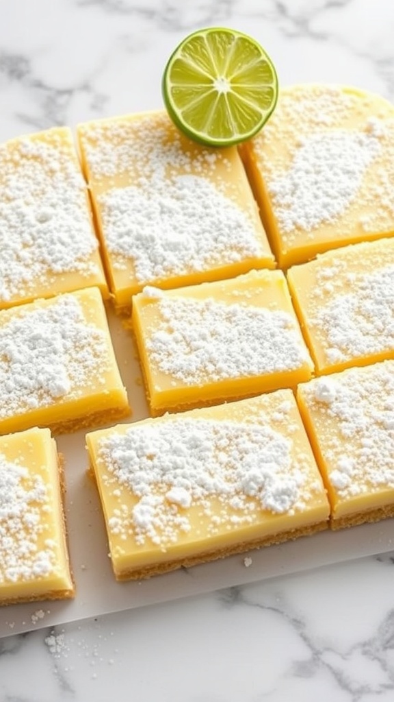 Key lime pie bars cut into squares, dusted with powdered sugar.