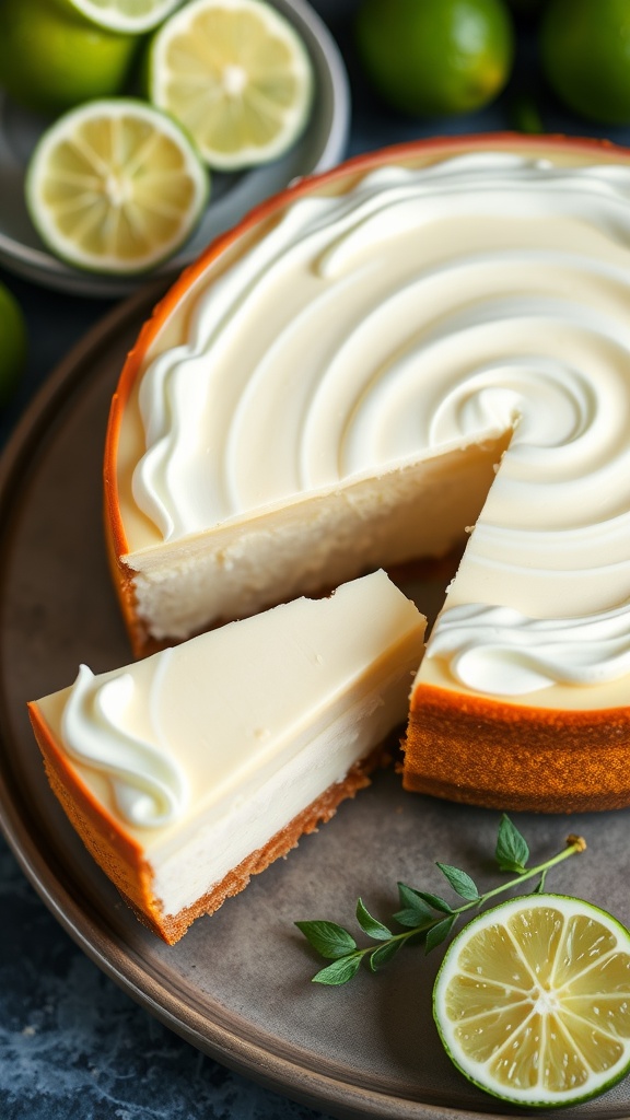 A creamy Key Lime Pie Cheesecake topped with whipped cream and lime slices.