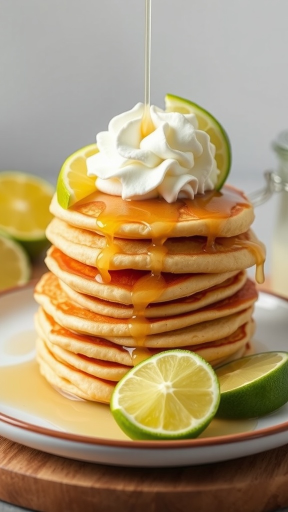 Stack of pancakes with lime syrup and garnished with whipped cream and lime slices.