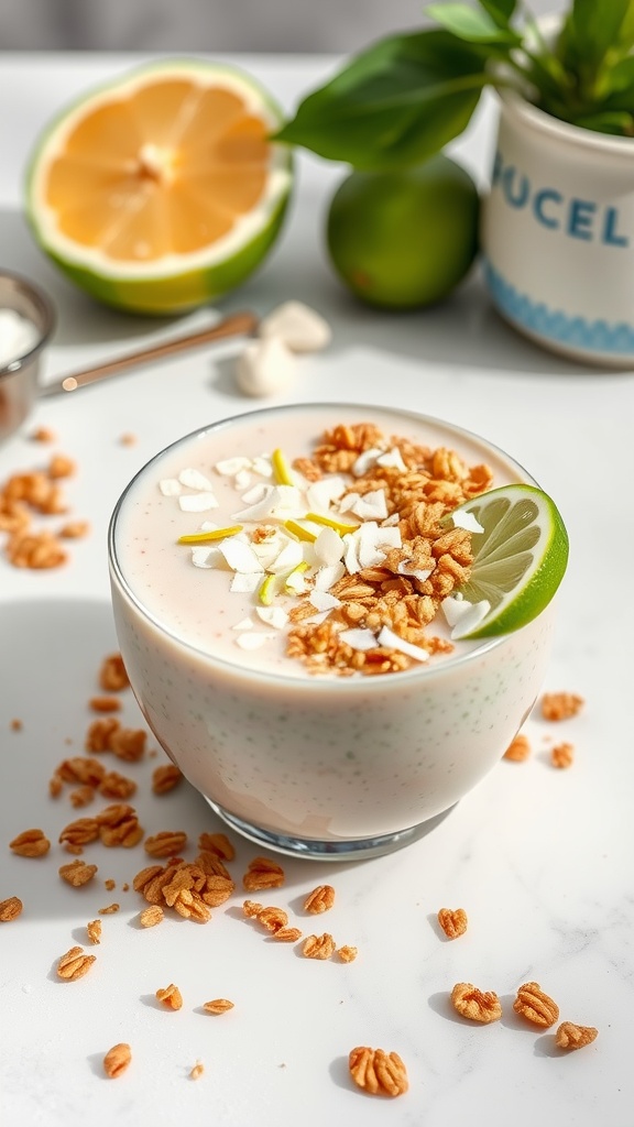 A creamy key lime pie smoothie bowl topped with granola, coconut flakes, and lime slices.