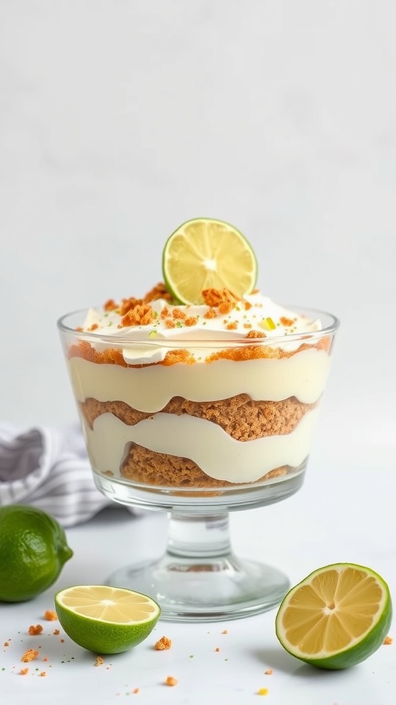 Key Lime Pie Trifle with layers of graham cracker crust, lime filling, and whipped cream, garnished with lime slices.