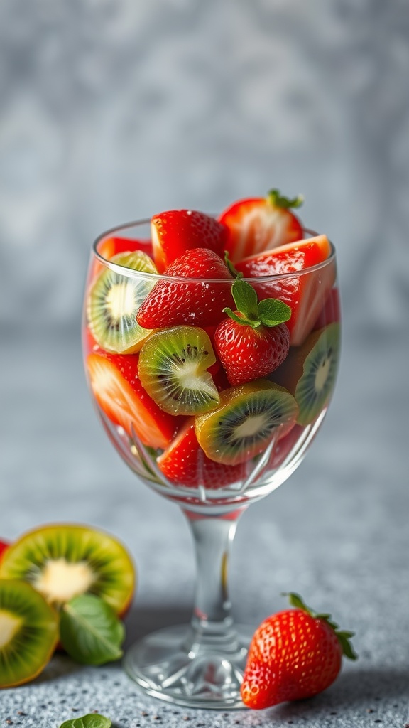 A refreshing kiwi and strawberry fruit salad served in a glass.