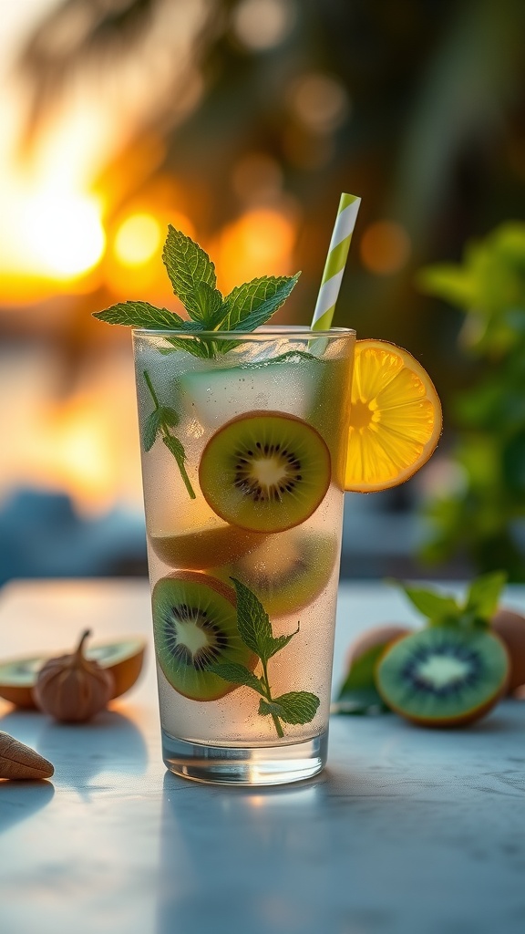 A refreshing Kiwi Mint Cooler drink garnished with mint and lemon, perfect for summer evenings.