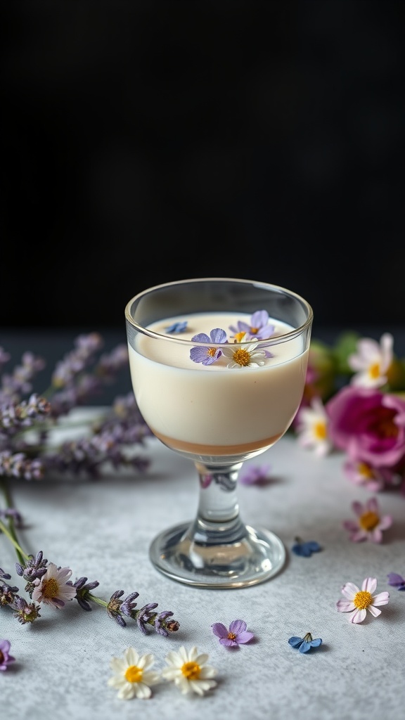 A glass of lavender honey panna cotta garnished with edible flowers.