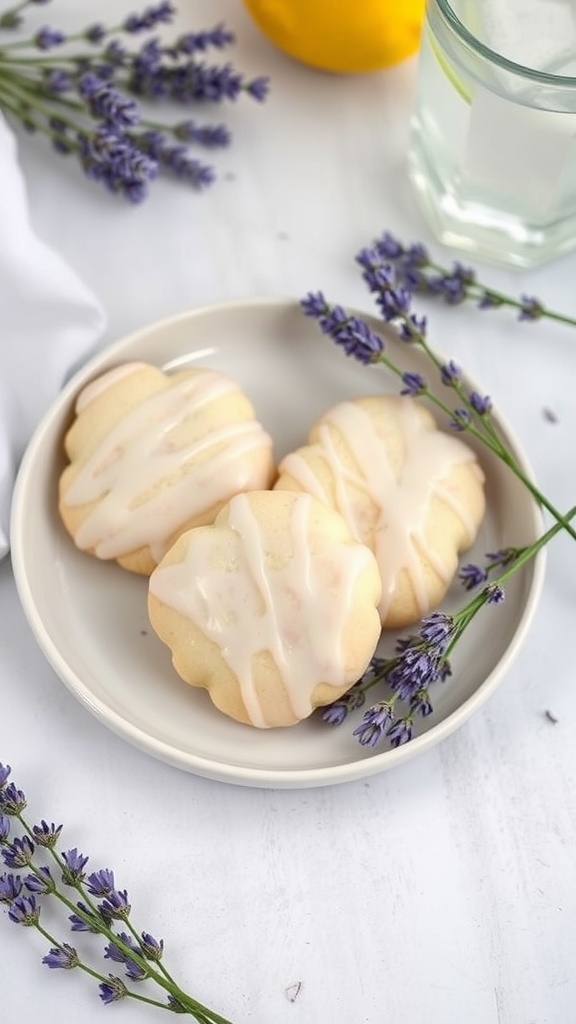 Lavender Lemonade Cookies on a plate with lavender sprigs